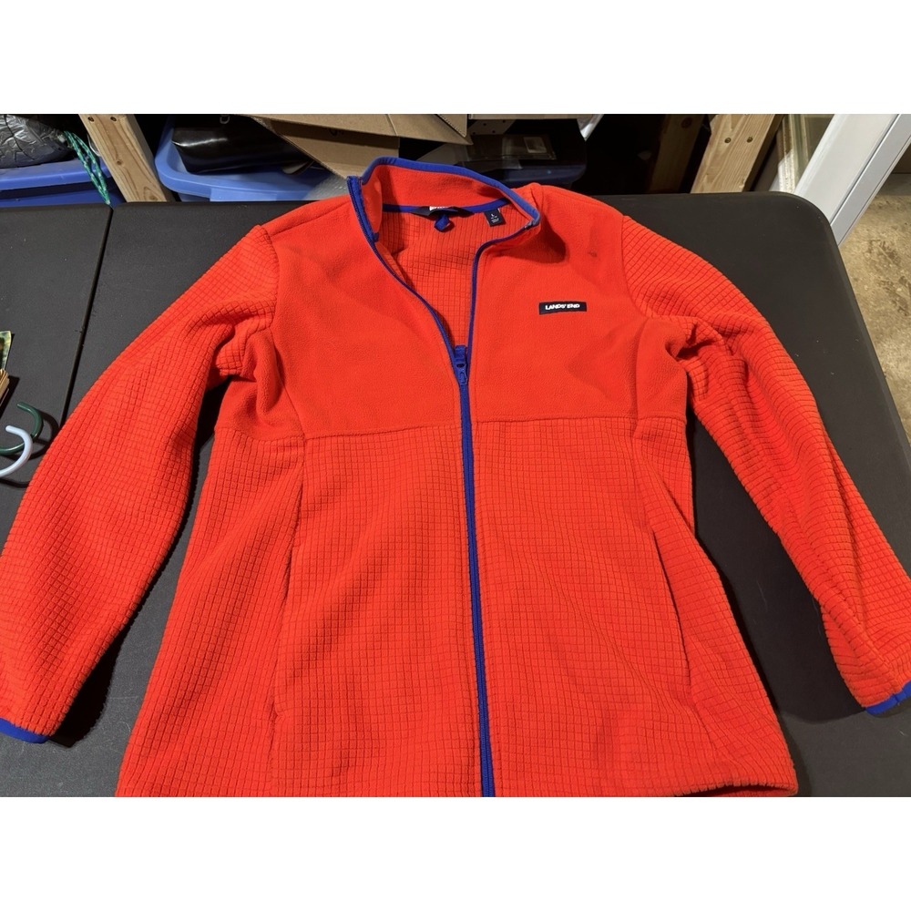 Lands' End Grid Fleece Full Zip Up Jacket Orange‎ Women's Size L Vtg